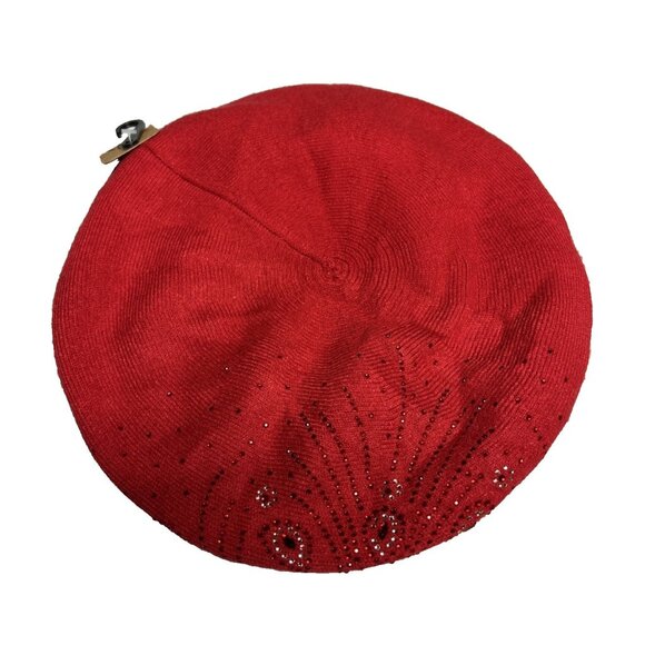Go&Go Viscose Cashmere Blend Red Beret Rhinestone Embellished New - Picture 1 of 7